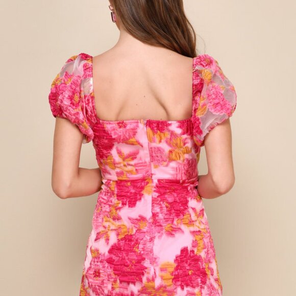 Lulus Luxe Direction Pink Floral Jacquard Puff Sleeve Mini Dress - Size M - Picture 3 of 3